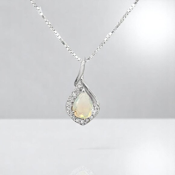 Pear-Shaped Opal and Diamond Pendant in 925 Sterling Silver - Picture 1 of 5